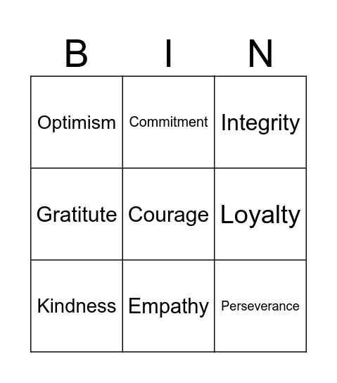 Values Bingo Card