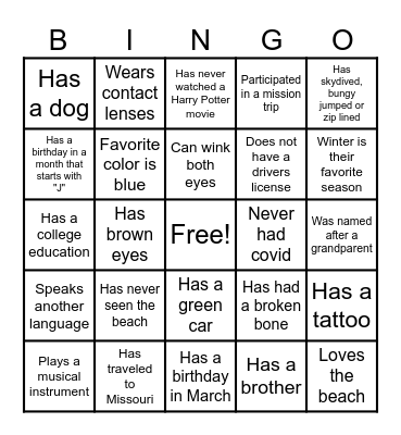 Ice Breaker Bingo Card