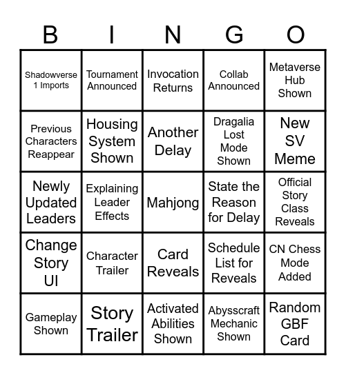 Shadowverse World's Beyond Stream Bingo Card