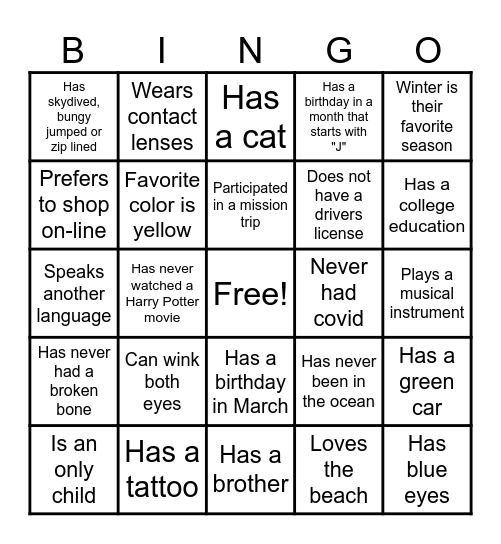 Ice Breaker Bingo Card