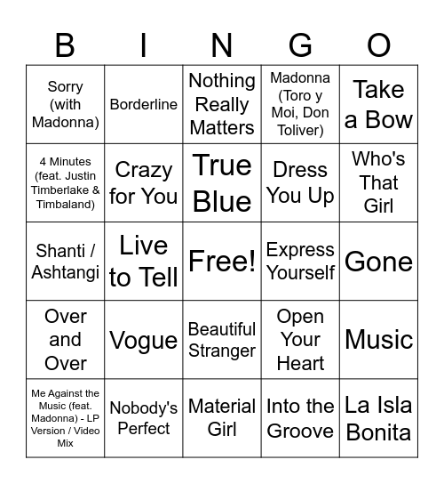 (G) Madonna Music Bingo Round 3 Bingo Card