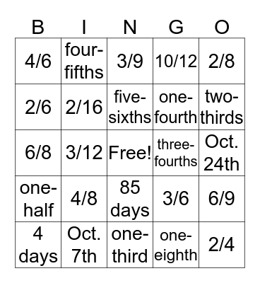 Friday Fraction Fun! Bingo Card