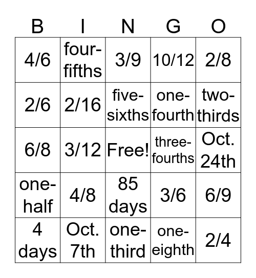 Friday Fraction Fun! Bingo Card