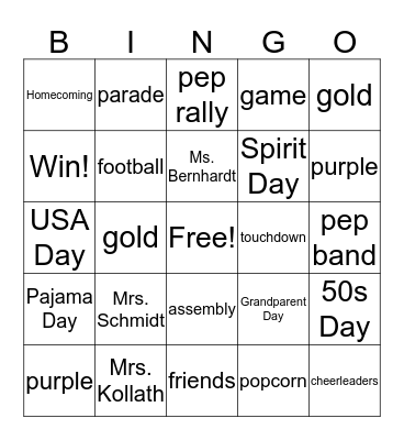 Homecoming Bingo Card