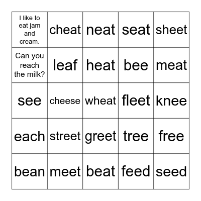 Long e vowel team bingo Card