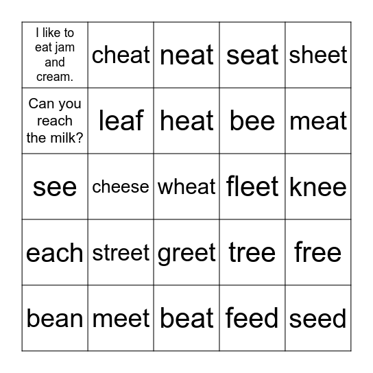 Long e vowel team bingo Card