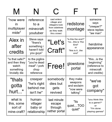 MINECRAFT MOVIE BINGO Card