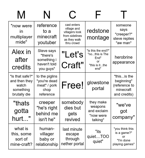 MINECRAFT MOVIE BINGO Card