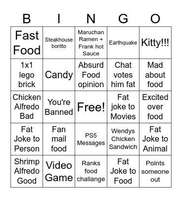 Slime Fat Jokes Bingo Card