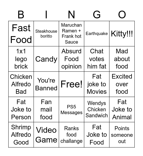 Slime Fat Jokes Bingo Card