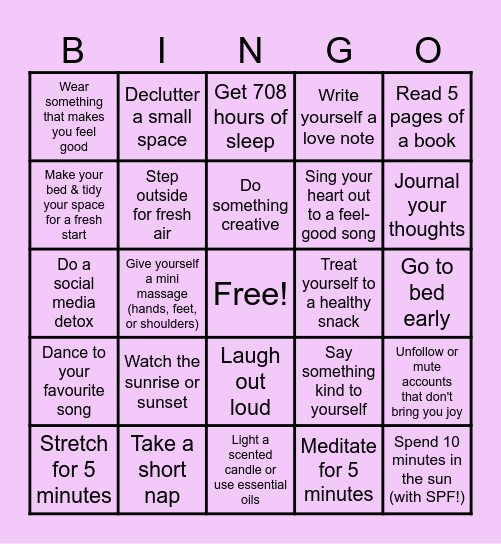 Self-Care Bingo! Bingo Card
