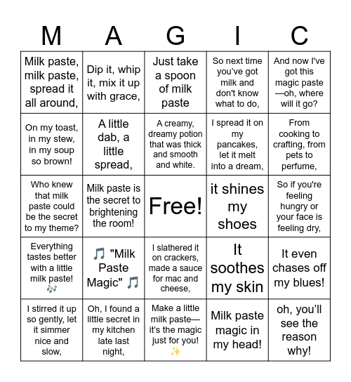 Milk Paste Bingo Card