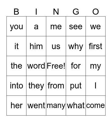 Sight Words Bingo Card