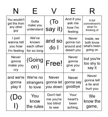 Gonna Give You Up Bingo Card