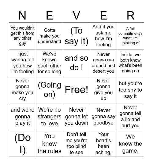 Gonna Give You Up Bingo Card