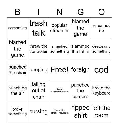 gamer rage Bingo Card