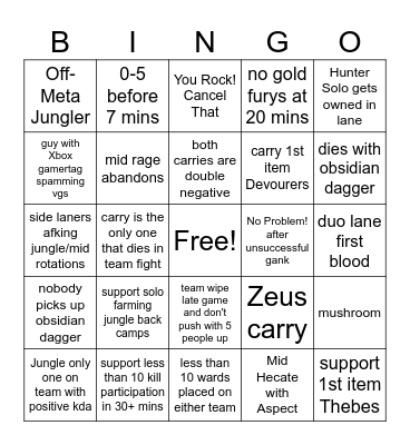 Smite 2 bingo Card
