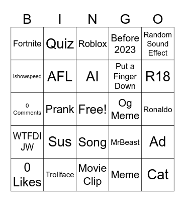 YT Shorts Bingo Card