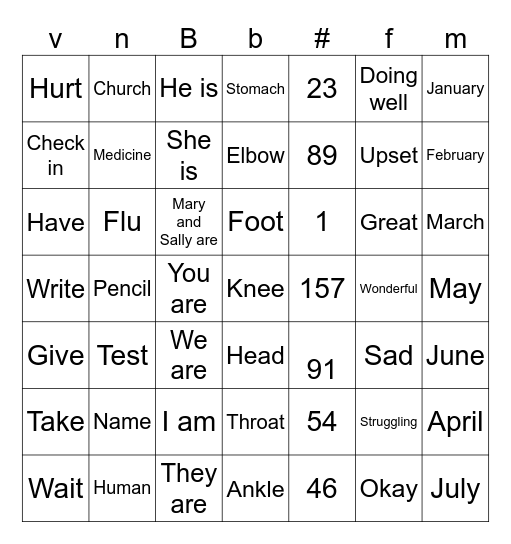 English Review Bingo Card