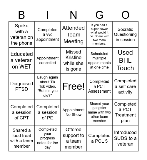 PCT Team Bingo Card