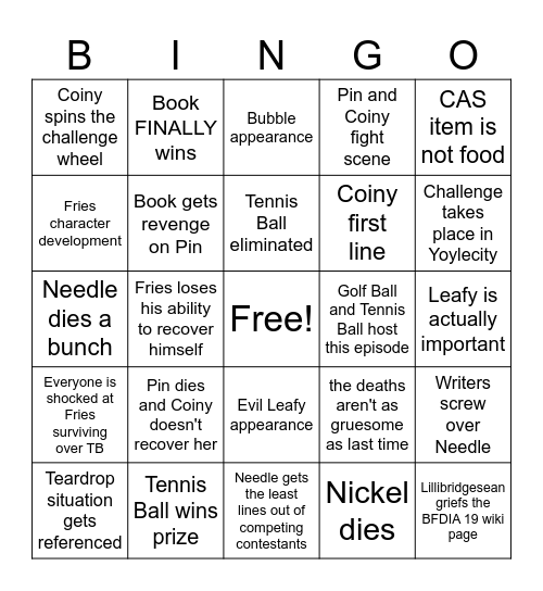 BFDIA 19 Bingo Card