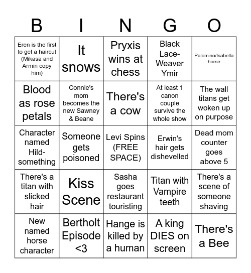 AOT Season 2 and 3 bingo Card