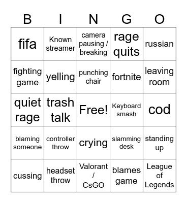 Rage comp. Bingo Card