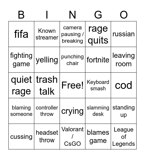 Rage comp. Bingo Card