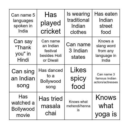 The Great Indian Bingo Card