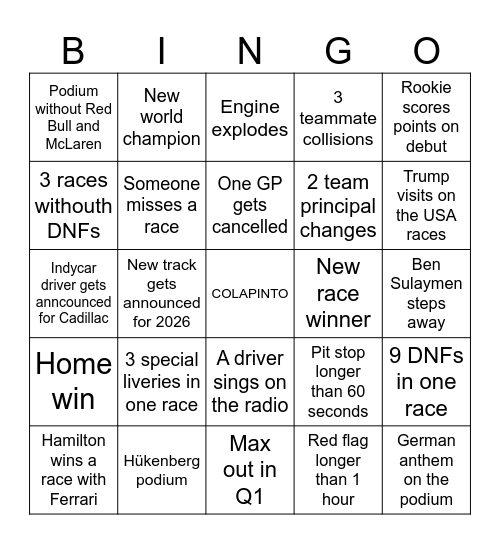 F1 Bingo Card