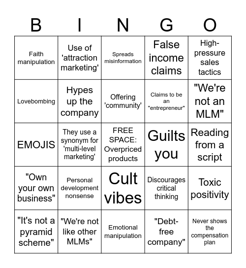 MLM Pitch Bingo Card