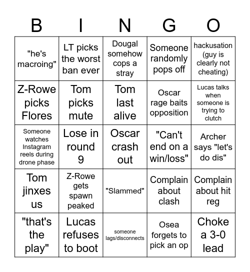 R6 Goon Squad Bingo Card