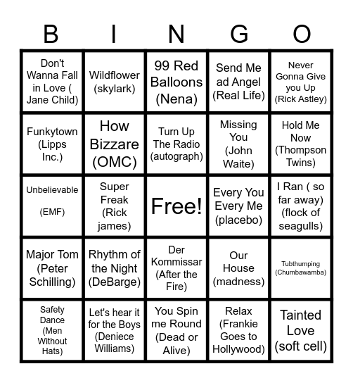 One Hit Wonders Bingo Card