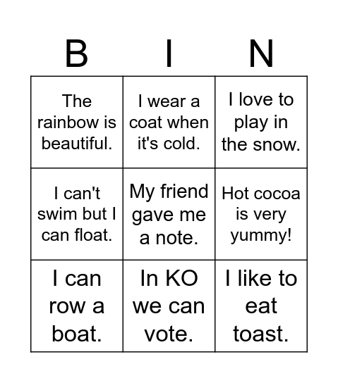 Long O- Happy Hippos Bingo Card