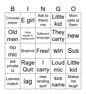 Fortnite Bingo Card