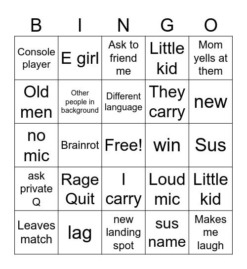 Fortnite Bingo Card