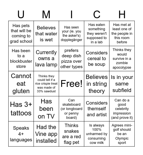UM Physics Grad Visit Weekend Bingo Card