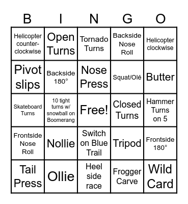 Wild Things Snowboard Bingo Card