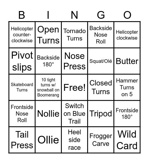 Wild Things Snowboard Bingo Card