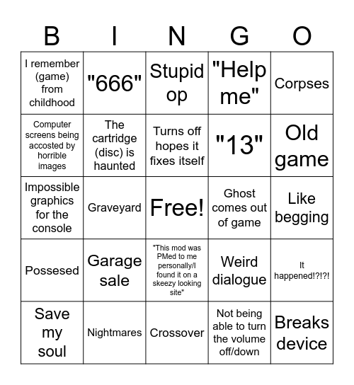 Shitty game creepypasta Bingo Card
