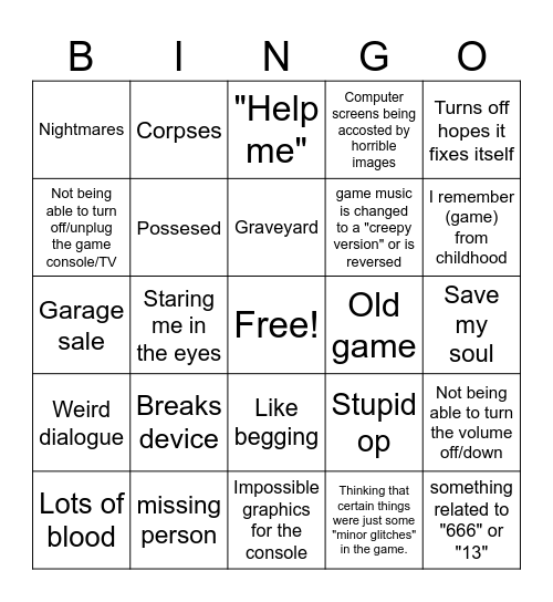 Shitty game creepypasta Bingo Card