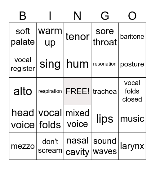 Voice, vocal anatomy, and vocal health Bingo Card