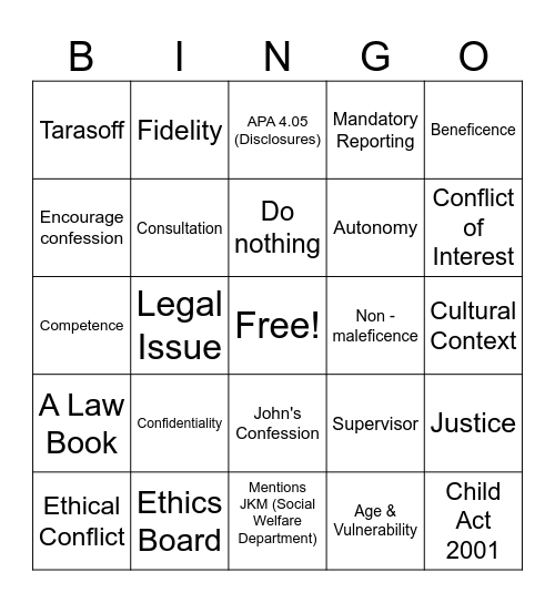 Ethics Bingo Card