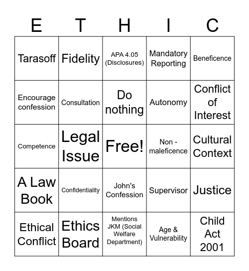 Ethics Bingo Card