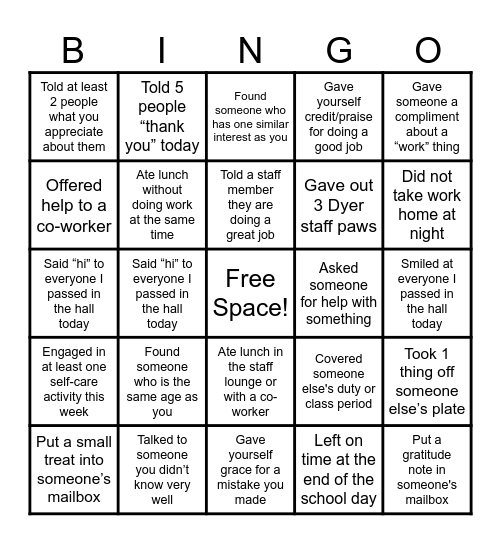 STAFF BINGO Card
