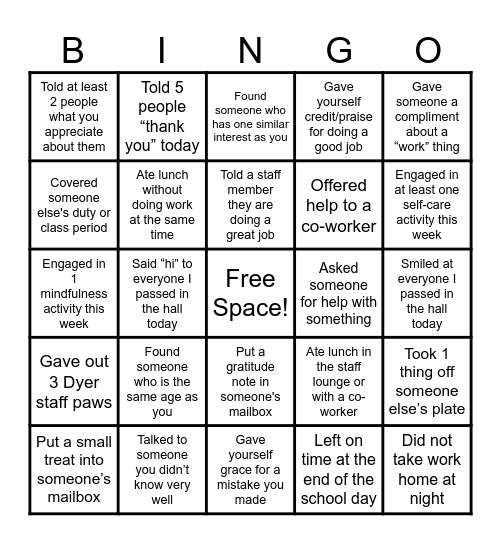 STAFF BINGO Card