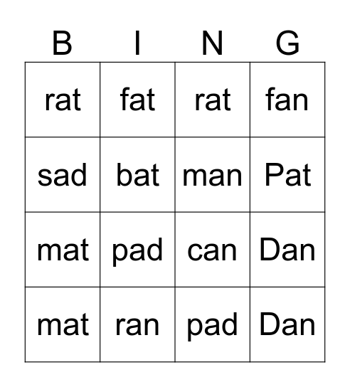 Short a BINGO Card