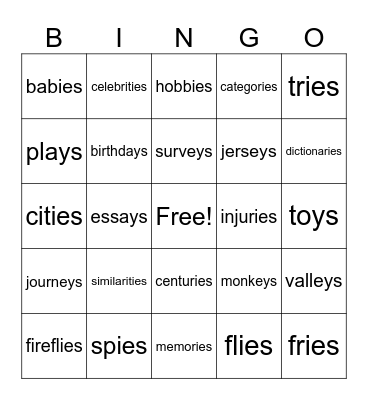 Plurals -ies Bingo Card