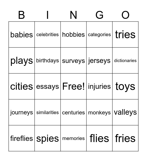 Plurals -ies Bingo Card