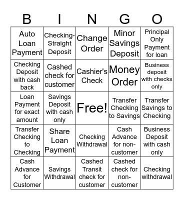 Teller Transaction Bingo Card